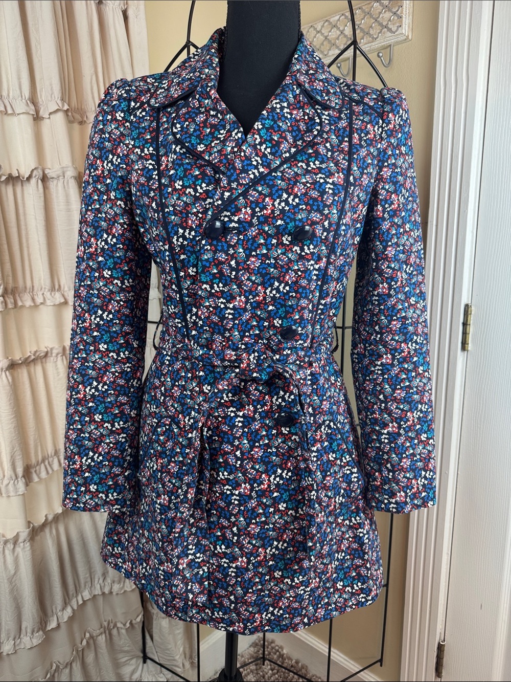 Dunnes Womens Blue Floral Flower Belted Light Raincoat Size 8